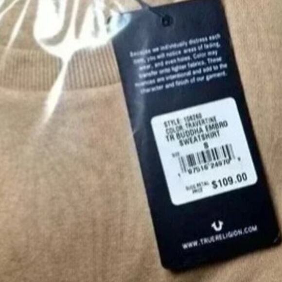 True Religion TR Buddha Embroidered Logo Sweatshirt Size Small Tan Crewneck NWT - Picture 7 of 7